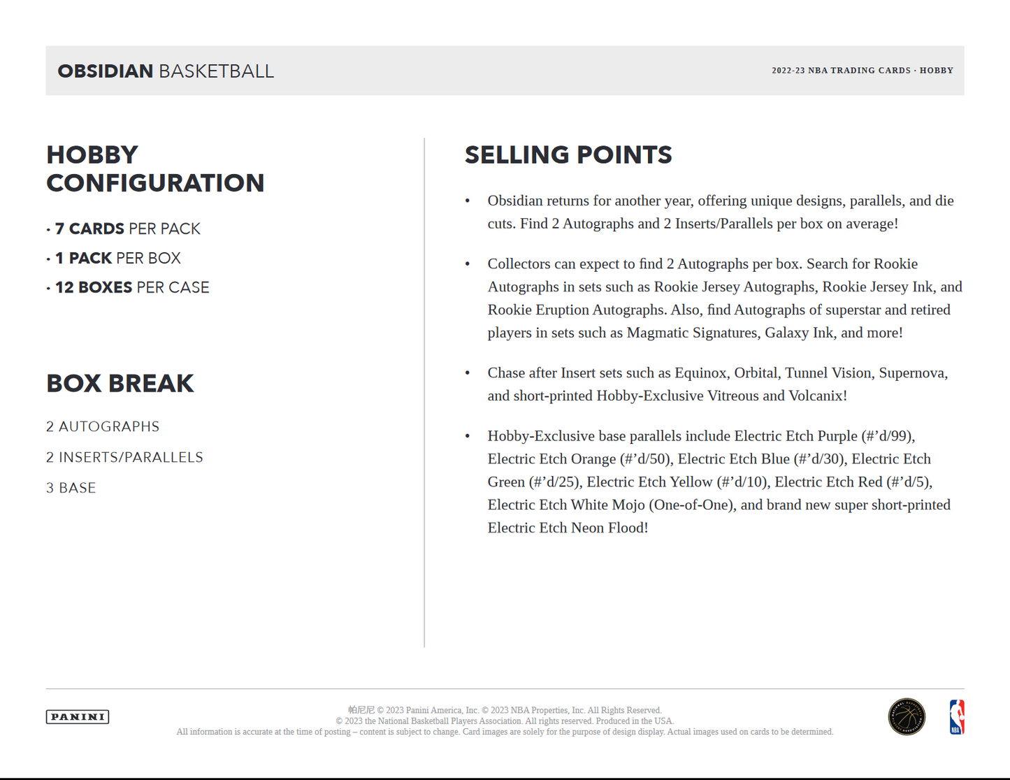 2022-23 Panini Obsidian Basketball Hobby 12 Box Case