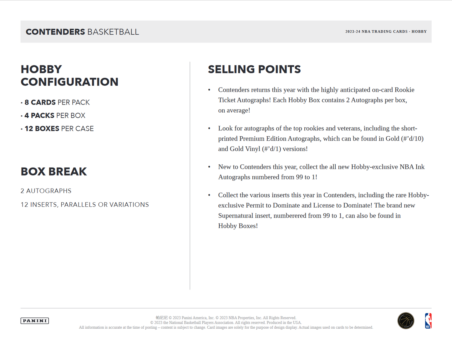 2023-24 Panini Contenders Basketball Hobby 12 Box Case