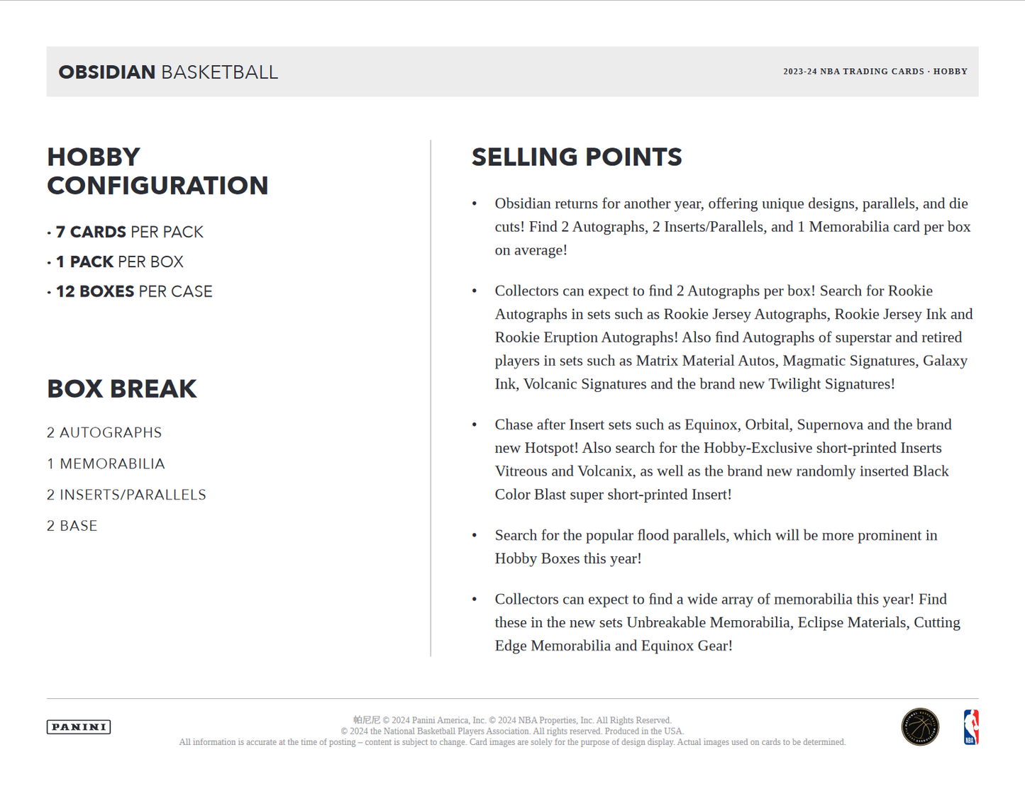 2023-24 Panini Obsidian Basketball Hobby 12 Box Case