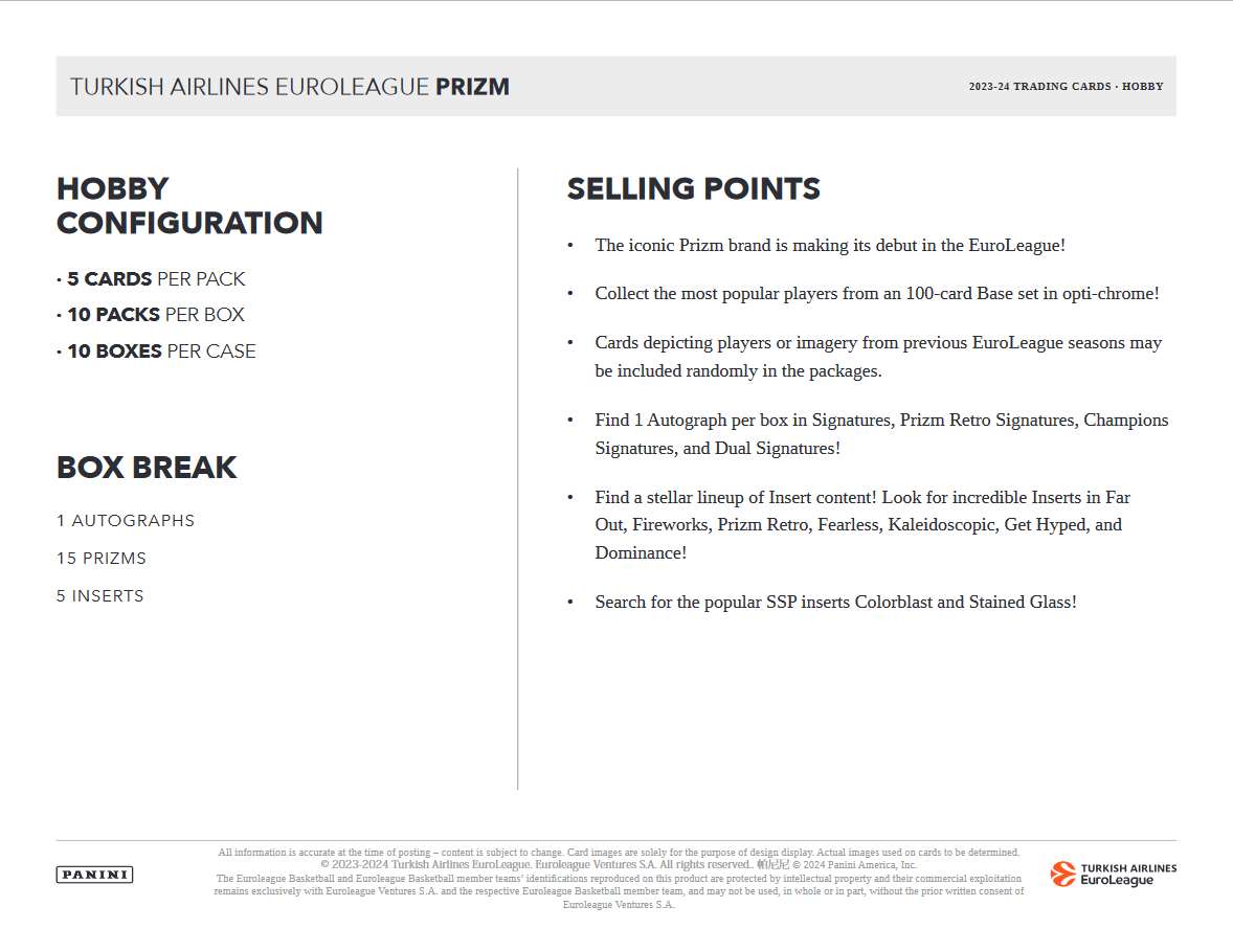 2023-24 Panini Prizm Euro league Basketball Hobby 10 Box Case