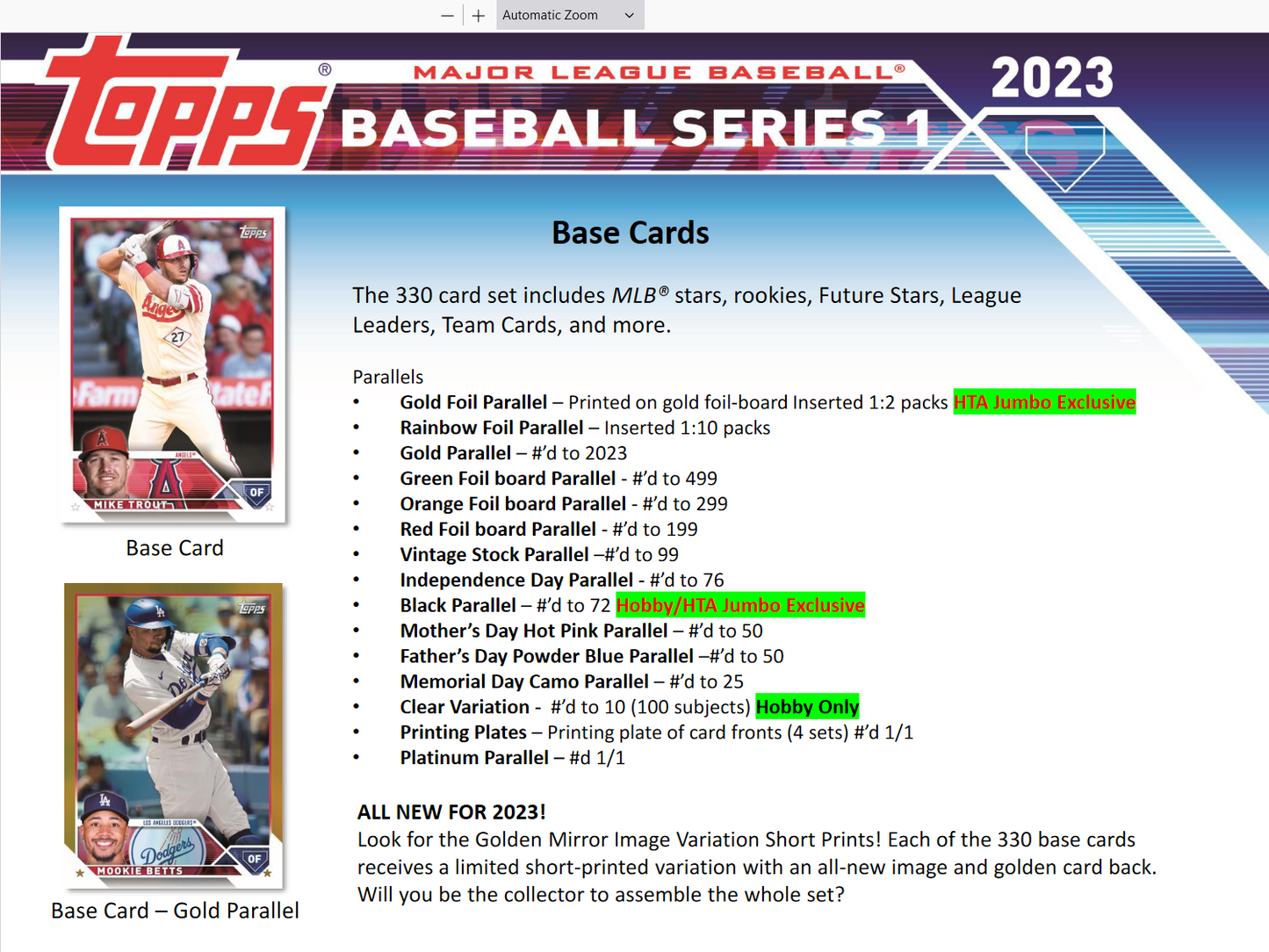 2023 Topps Series 1 Baseball Hobby 12 Box Case
