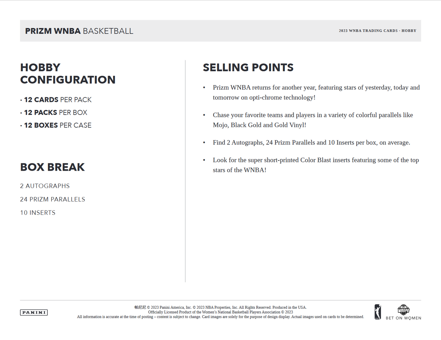 2023 Panini Prizm WNBA Basketball Hobby 12 Box Case