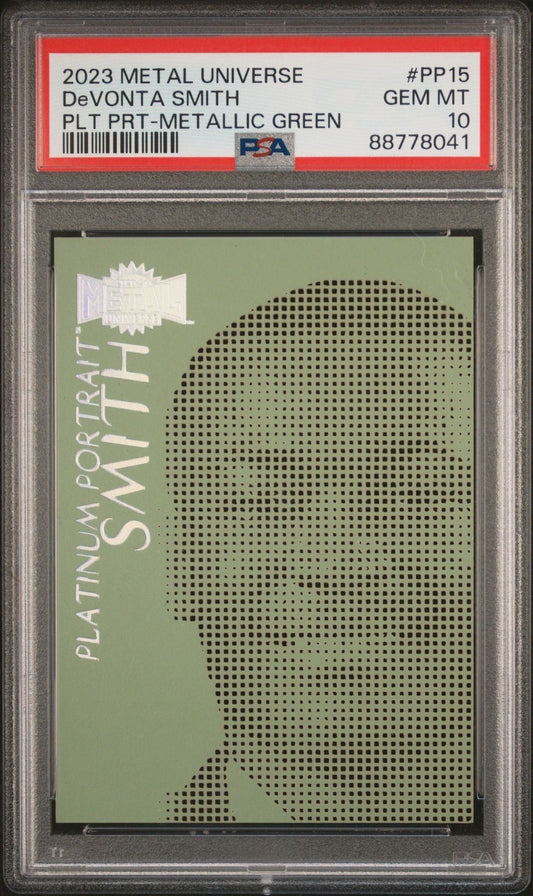 DeVonta Smith 2023 Skybox Metal Universe Platinum Portraits Metallic Green PSA 10