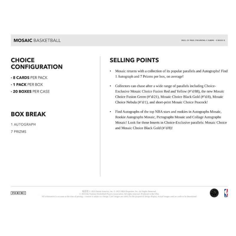 2022/23 Panini Mosaic Basketball Choice 20 Box Case